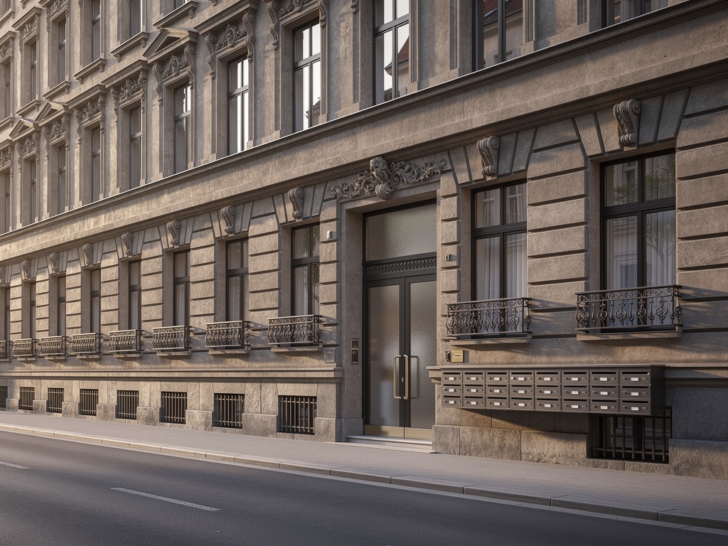 Wohnhaus in Berlin mit Metallgeländer und Eingangstür