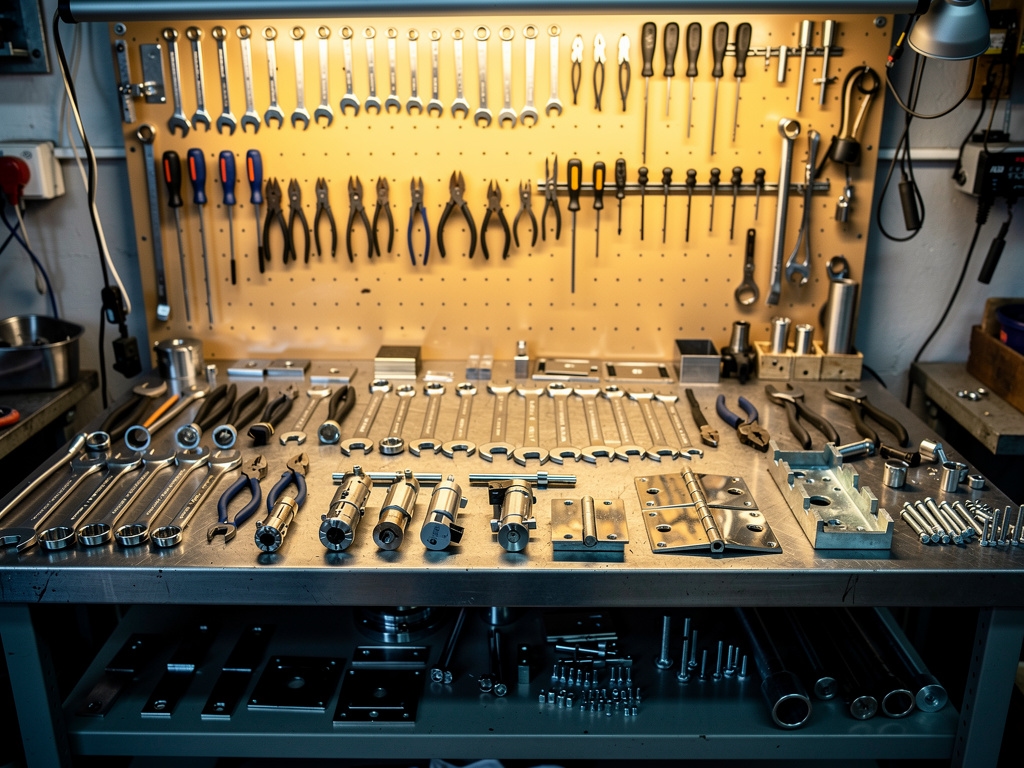 Metallwerkzeuge auf einer Werkbank, bereit für Reparaturarbeiten